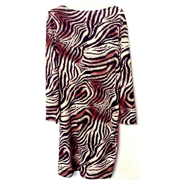 Marc Bouwer Dress L Animal Print Black Brown Bodycon Ruched Stretch Knit Sleeves - Picture 2 of 4
